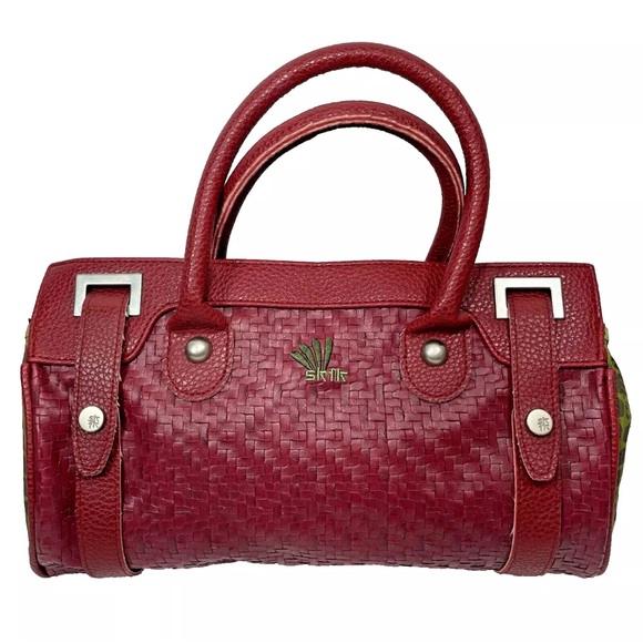 SkFk Handbag Purse Red Green Embroidered Organic Basket Weave & Fabric - Picture 2 of 16